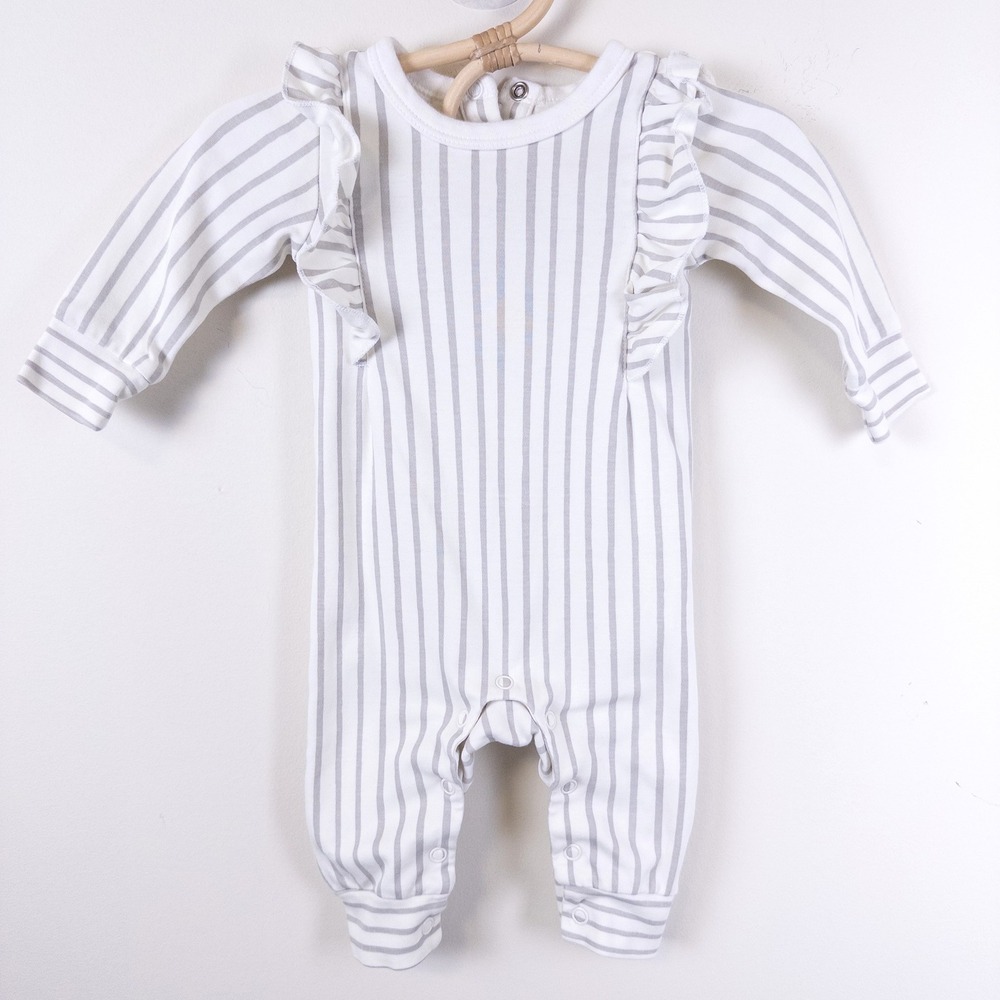 Pehr Romper‎ Kids 0-3 Months Gray Striped Ruffle Organic Cotton Long Sleeve